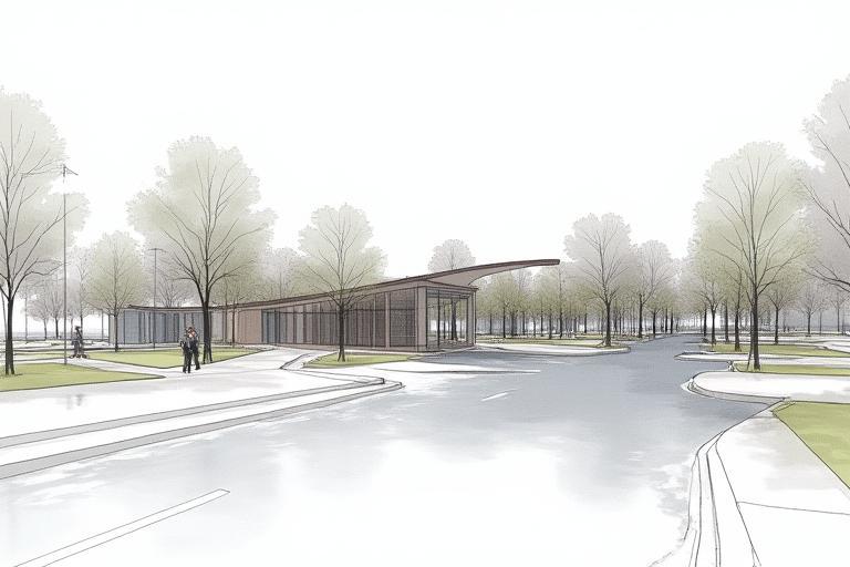 Detailed architectural design blueprint of a modern urban park showcasing green spaces, walking paths, and recreational facilities