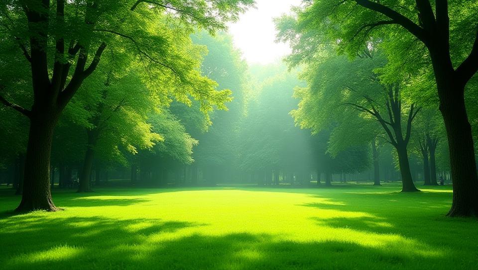 Lush green park landscape featuring families enjoying a sunny day in a modern, beautifully designed park with vibrant greenery and play areas
